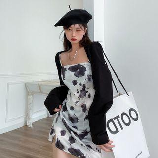Spaghetti Strap Ink Print Mini Sheath Dress / Cardigan