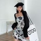Spaghetti Strap Ink Print Mini Sheath Dress / Cardigan