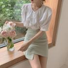Short-sleeve Ruffle Blouse / Mini Fitted Skirt
