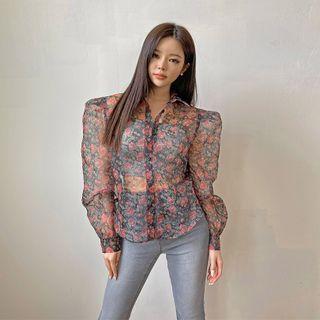 Checked / Floral Puff-sleeve Sheer Blouse