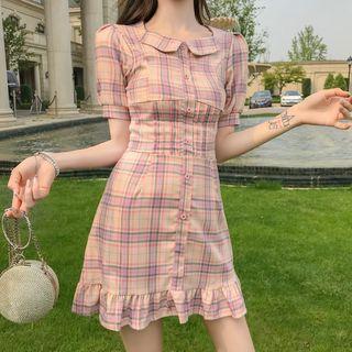 Checked Short-sleeve Shirt Dress / Check Slim-fit Cropped Top