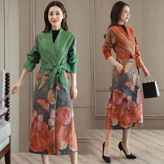 Open-front Tie-waist Printed Long Coat