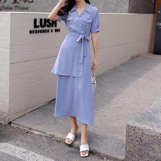 Short-sleeve Asymmetrical Open-collar A-line Midi Dress