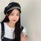 Lettering Embroidered Checker Trim Beret Hat