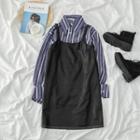 Long Sleeve Striped Shirt / Faux Leather Pinafore Dress