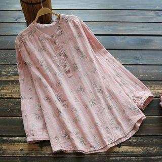Long-sleeve Floral Buttoned Placket Top