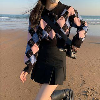 Argyle Polo Sweater Argyle - Black & Pink & Grayish Blue - One Size