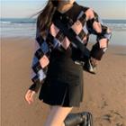 Argyle Polo Sweater Argyle - Black & Pink & Grayish Blue - One Size