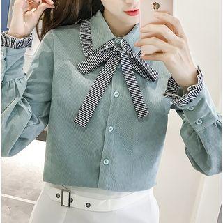 Long-sleeve Tie-neck Ruffle Trim Blouse
