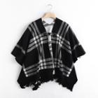 Fringed Plaid Knit Cape Plaid - Black & White - One Size