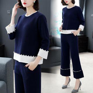 Set: 3/4-sleeve Embellished Sweater + Cropped Knit Wide-leg Pants