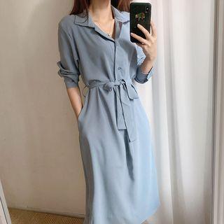 Half Placket Long-sleeve Midi Shirtdress