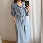 Half Placket Long-sleeve Midi Shirtdress