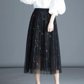 Floral Embroidered Midi Mesh Skirt Black - One Size