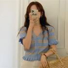 Short-sleeve Striped Knit Top Stripes - Blue - One Size