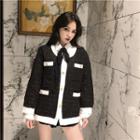 Color-block Check Loose-fit Jacket / Long-sleeve Blouse / Plain Ruffle Skirt