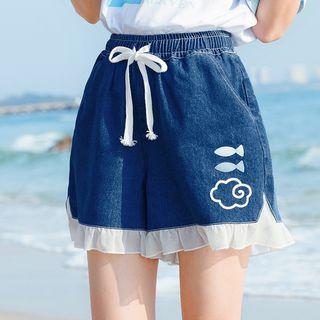 Fish Print Frill Hem Denim Shorts