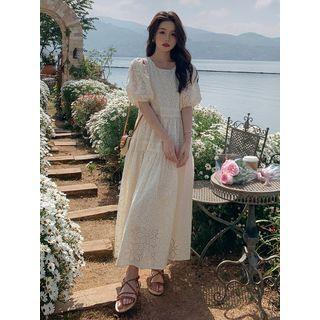 Puff-sleeve Lace Midi Smock Dress