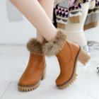 Furry Trim Chunky Heel Ankle Boots