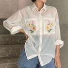 Flower Embroidered Long-sleeve Sheer Shirt White - One Size