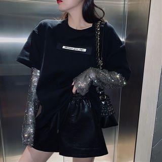 Detachable Rhinestone Sleeve Lettering T-shirt