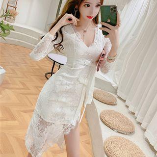 Asymmetric V-neck Long-sleeve Lace Sheath Dress