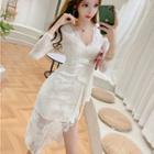 Asymmetric V-neck Long-sleeve Lace Sheath Dress