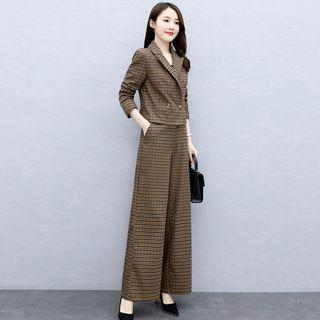 Set Of 2: Long-sleeve Plaid Blazer + High-waist Plaid Wide-leg Pants