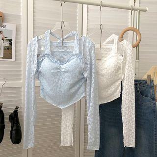 Set: Long-sleeve Lace Top + Halter Top