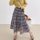 Midi A-line Plaid Skirt Dark Blue - One Size