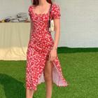 Puff Short-sleeve Dotted Hem Slited Midi Dress
