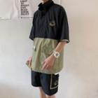 Set: Elbow-sleeve Two-tone Mock-neck T-shirt + Shorts