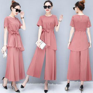 Set: Tie Waist Short-sleeve Top + Cropped Wide-leg Pants