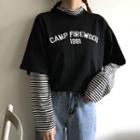Mock Two-piece Long-sleeve Striped Panel Lettering T-shirt