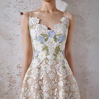 Spaghetti Strap Midi Lace A-line Dress