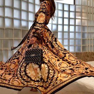 Long-sleeve V-neck Print Slit Maxi A-line Dress