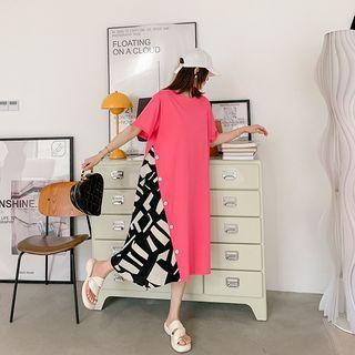 Short-sleeve Round-neck Print Panel T-shirt Dress