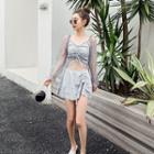 Set: Sequined Drawstring Long-sleeve Tankini + Swim Skirt
