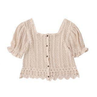 Square-neck Plain Button-up Knit Top