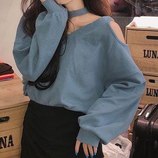 Cut-out Long-sleeve Knit Top / High-waist A-line Skirt