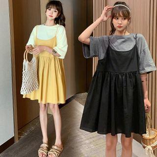 Set: Elbow-sleeve T-shirt + Mini A-line Overall Dress