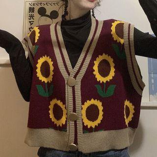 Long-sleeve Mock-neck Top / Floral Pattern Button-up Sweater Vest