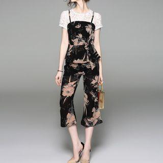 Set: Short-sleeve Mock Two-piece Top + Print Capri Pants