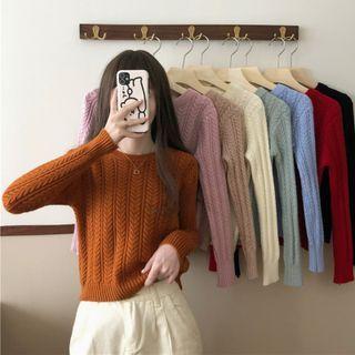 Plain Cable-knit Cropped Sweater