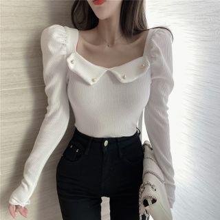 Off-shoulder Ruffled Ribbed Knit Top