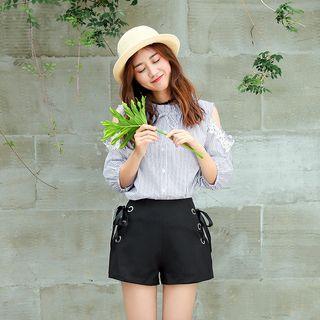 Cutout-shoulder Striped Tie-neck Blouse