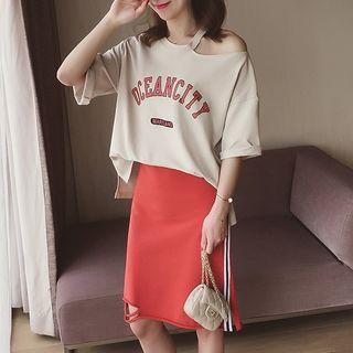 Set: Elbow-sleeve Lettering T-shirt + Striped Midi Skirt