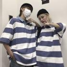 Couple Matching Collared Striped Elbow-sleeve T-shirt