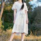 Short-sleeve Cold-shoulder Mesh Panel A-line Dress