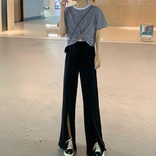 Set: Short-sleeve Striped Top + Slit Wide Leg Pants